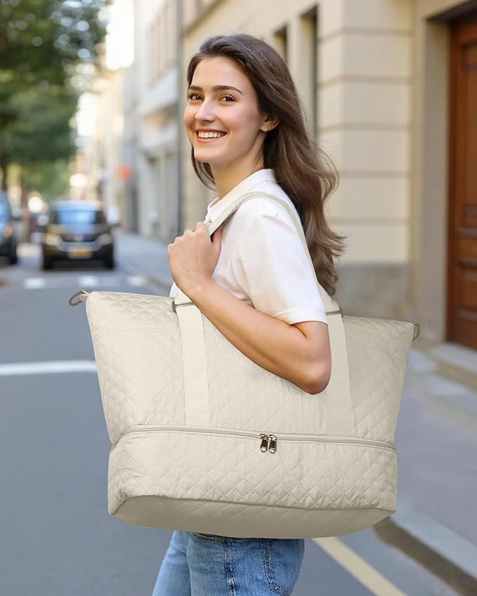 HOTOR Travel Duffel Bag - Weekender Bags for Women, Carry On Overnight Bag with Shoe Compartment, with Toiletry Bag for Travel Essentials and Travel Accessories, Beige, 15.8"×18.1"×8.7"