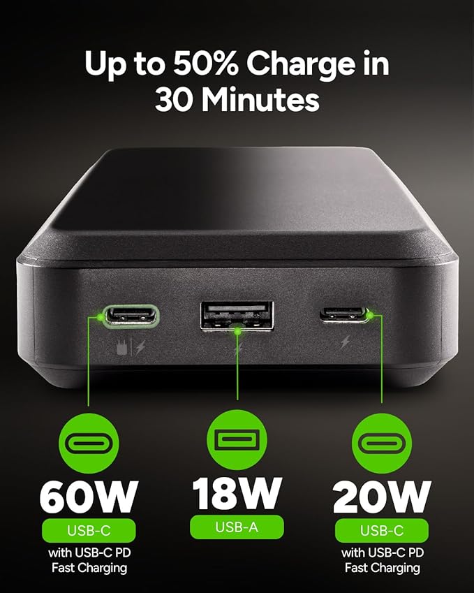 Mophie Powerstation Laptop Prime27-27,000mAh Portable Power Bank with 60W USB-C PD Fast Charging, Multi-Device, LED Indicator, Eco-Friendly, Type-A, USB-C Compatible