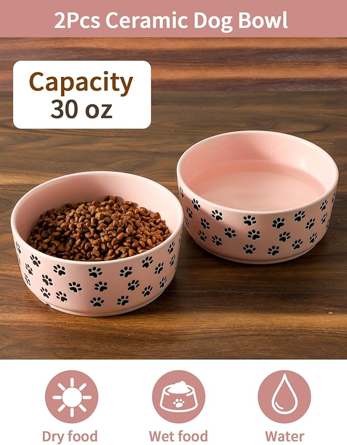 UBEE 6.5 inch Dog Bowls Set of 2, Ceramic Dog Food Water Bowl Dishes with Paw Pattern, Pet Food Water Dish Feeding for Small and Meidum Dogs and Large Cat, Pink
