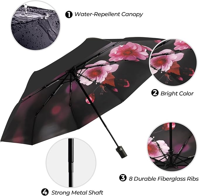 LLanxiry Compact Travel Umbrella, 44" Canopy, Automatic Open/Close Windproof Umbrella, 210T Pongee, 8-Rib Fiberglass, Travel Size Mini, Portable Rain/Sun Umbrellas UPF 50+ with Cover