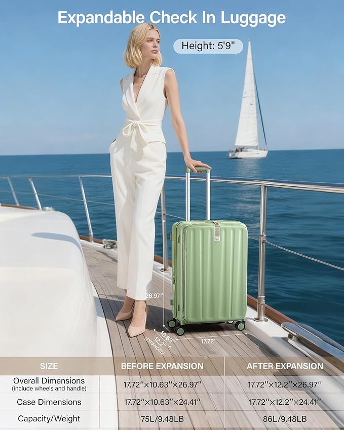 Hanke 24 Inch Expandable Luggage Top Opening Checked Bag Luggage Hard Shell Suitcases with Wheels Lightweight Travel Luggage Medium Suitcase with Lock for Woman Men-Bamboo Green