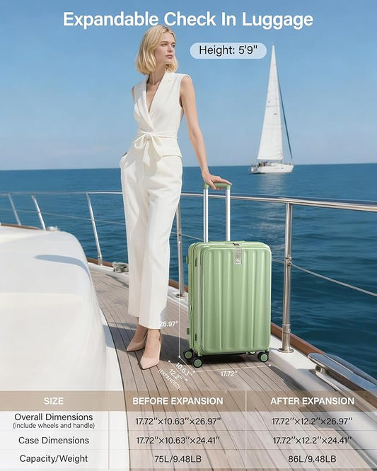 Hanke 24 Inch Expandable Luggage Top Opening Checked Bag Luggage Hard Shell Suitcases with Wheels Lightweight Travel Luggage Medium Suitcase with Lock for Woman Men-Bamboo Green