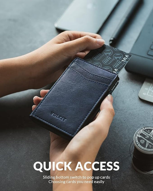 VULKIT Men's Slim Wallet Pop Up Card Holder RFID Blocking Metal Wallet Minimalist Design Holds Up to 11 Cards