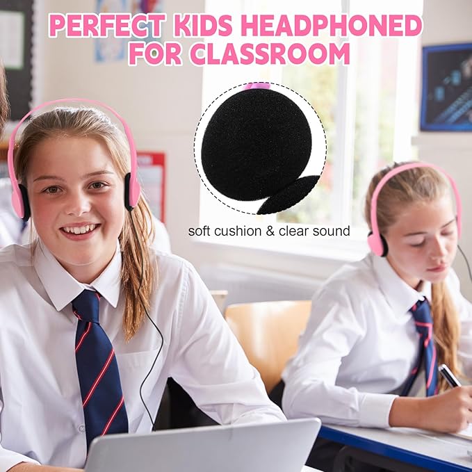 Konohan 30 Pack Headphones Bulk Headphone for School Classroom Student Wired Headphones Adjustable with 3.5 mm Jack for Adults (Pink)