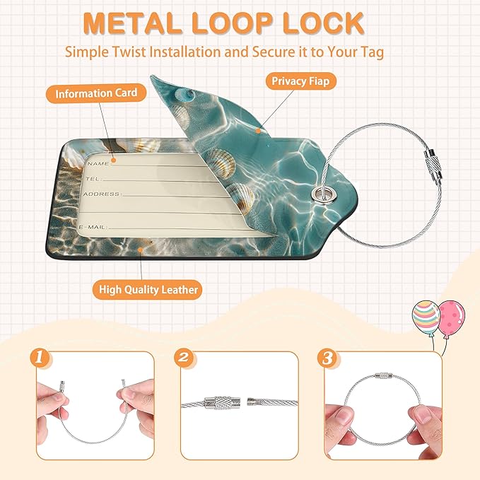 Starfish on Sunny Beach 3 PCS PU Leather Luggage Tags for Suitcase, Luggage Tag with Privacy Flap, Name ID Label and Metal Loop for Women Men Baggage Handbag School Bag Backpack