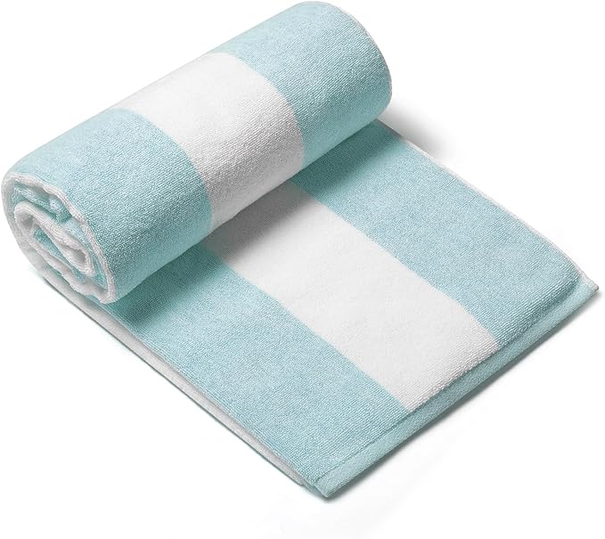 CLOWOOD Plush Oversized Beach Towel - Cotton 40 x 70 Inch Large Thick Aqua Striped Cabana Pool Swimming Towel