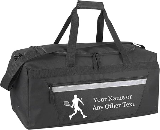 Personalized Sports Duffel Bags for Men and Women - 22” Customized Travel Duffle with Name & Tennis Design - Water Resistant Two-Toned Overnight Weekender Bag - Black