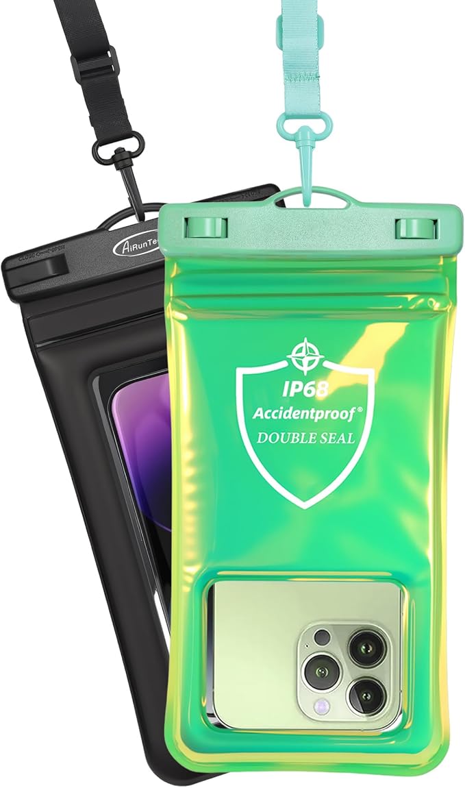 AiRunTech Waterproof Phone Pouch,Floating Waterproof Phone Case with Adjustable Lanyard,Beach,Cruise,Vacation Essentials,Summer Travel Phone Protector-2 Pack(Green + Black)