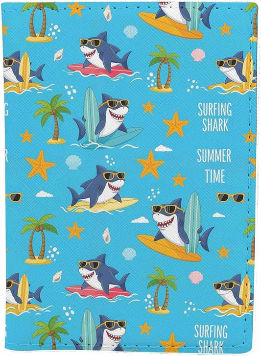 Surfer Shark Passport Holder for Travel Summer Time Surfboard PU Leather Passport Cover Wallet Cute Passport Card Holder for Women and Men