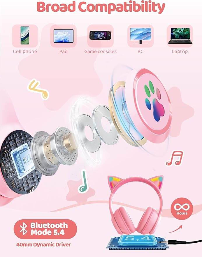 MIDOLA Kids Headphones Cat Ear Wireless Bluetooth 5.3 60H Over Ear, 8H with Led Light Foldable Headset with Aux 3.5mm Mic for Travel Pad Tablet Pink