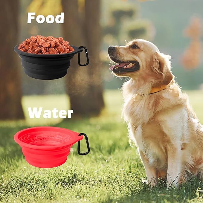 PetBonus 2-Pack Large Silicone Collapsible Dog Bowls, 34oz/1000ml BPA Free Portable Foldable Travel Bowl for Pet Cat, Food Water Feeding Dish for Camping with 2 Carabiners (Black, Red)