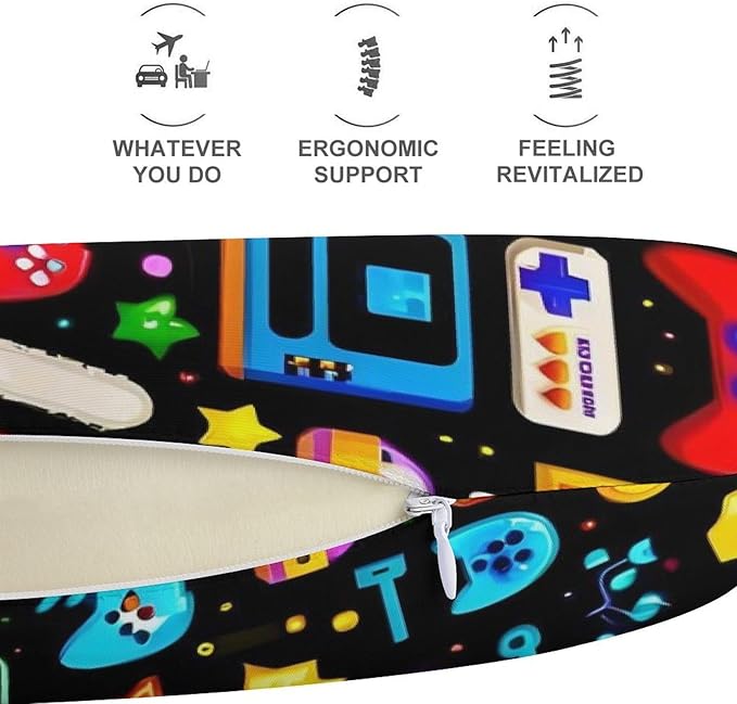 Memory Foam U-Shaped Travel Pillow Neck Pain Relief, Game Video Gaming Pattern White U-Shape, Removable Cover Airplane Car Office