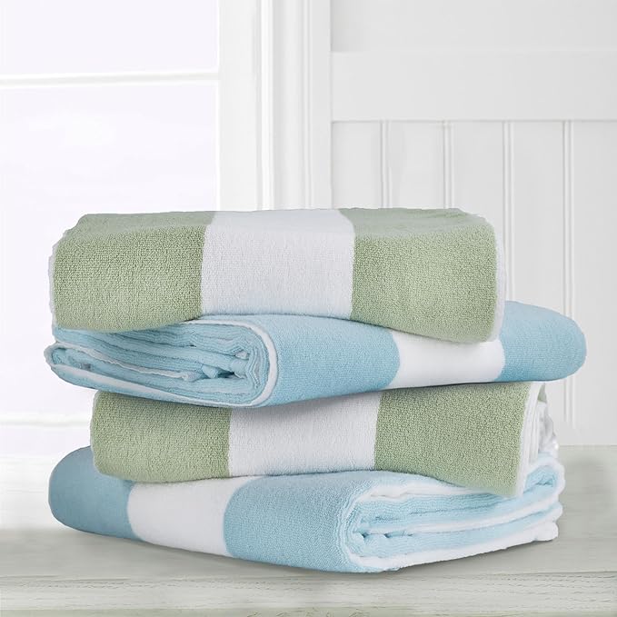 CLOWOOD Plush Oversized Beach Towel - Cotton 40 x 70 Inch Large Thick Grass Green Striped Cabana Pool Swimming Towel