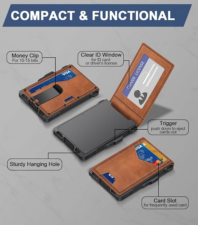 Wallet for Men, Minimalist Slim Mens Wallet with Money Clip, RFID Blocking Smart Pop Up Card Wallet with ID Window, Compact Bifold Wallet, Metal Aluminum Credit Card Holder（Brown）