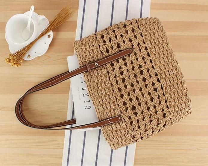 Womens Straw Tote Handbag - Summer Beach Bag with Top Handle - Handwoven Shoulder Bag - 2024