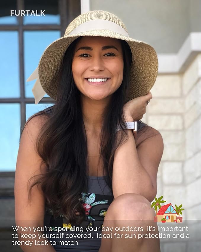 FURTALK Womens Beach Sun Straw Hat UV UPF 80+ Travel Foldable Brim Summer UV Hat