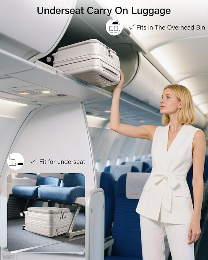 Hanke 16 Inch Expandable Under Seat Luggage with Wheels Top Opening Small Suitcase with Wheels Carry On Luggage Airline Approved Lightweight Hard Shell Suitcases for Weekender Overnight-Ivory White