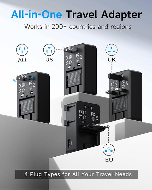 Mini Travel Adapter, 【2026 Ultra-Thin Design】 PD 25W 4-Port Power Adapter with 1 AC, 1 USB-A, and 2 USB-C Ports, Smart Temperature Control, Compatible for EU/UK/AU/AS, Ideal for Travel Essentials