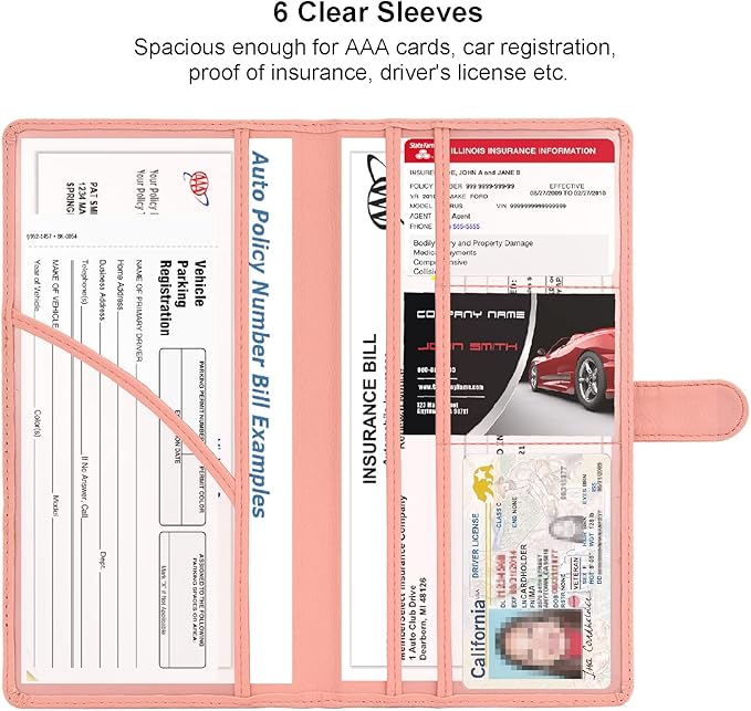 Car Registration and Insurance Holder, Leather Magnetic Shut Vehicle Glove Box Organizer for Document, Card, Driver License, Pink