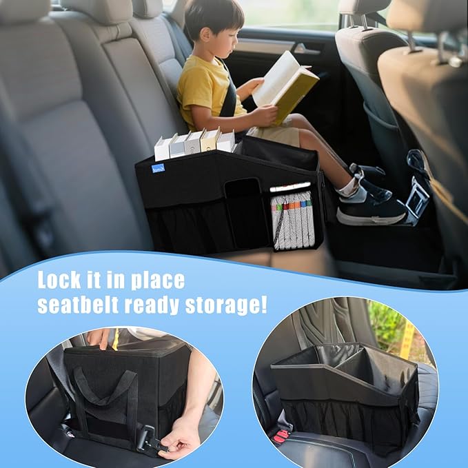 Car Organizer- Car Seat Organizer for Front Seat Back Seat Between Seats, Foldable Car Storage Organizer for Kids Adults with Multi-Mesh-Pockets-Car Organizers Backseat with Detachable Divider-Black