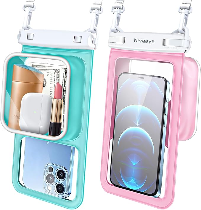 Niveaya [Floatable Floating Waterproof Phone Pouch 2 Pack-Up to 8.5", Large Space Adjustable Neck Lanyard Waterproof Phone Case, Phone Dry Bags for Vacation Beach Pool Kayak Cruise Travel Essentials