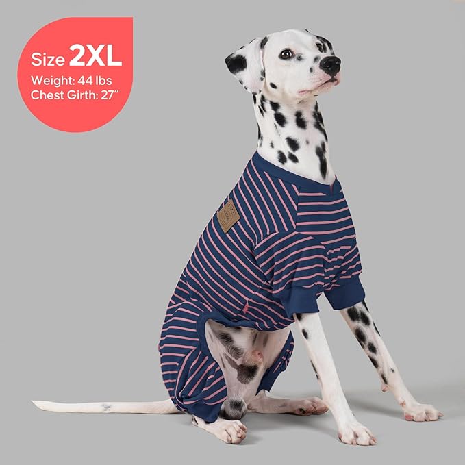 KYEESE Dog Pajamas, Striped Clothes Pet PJS, Velvet Fleece Doggie Jammies, 4 Legs Outfit Soft Dog Pajamas, Cozy Pet Clothes Onesie, Comfortable PJS for Medium Dogs,Navy Blue Striped, XX-Large