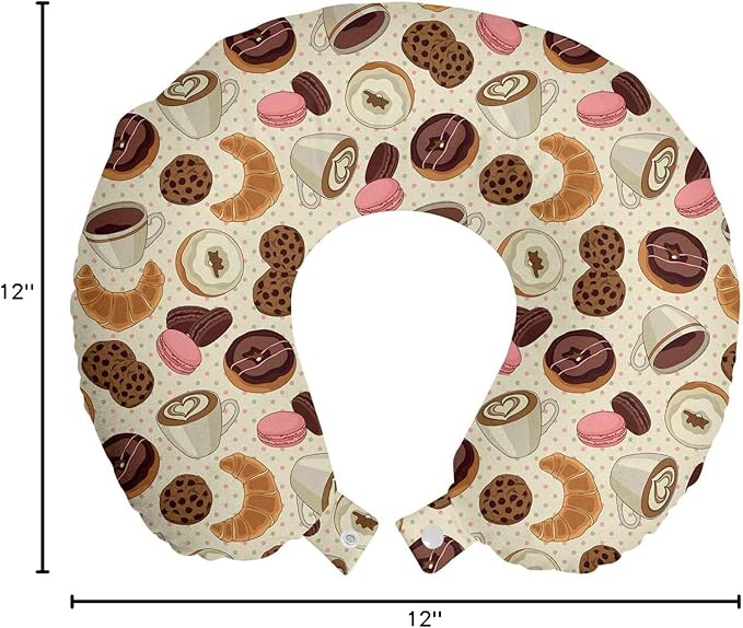 Ambesonne Dessert Travel Pillow Neck Rest, Patisserie Theme Pattern Chocolate Coated Donut Cookie Latte Croissant, Memory Foam Traveling Accessory for Airplane and Car, 12", Pink Brown