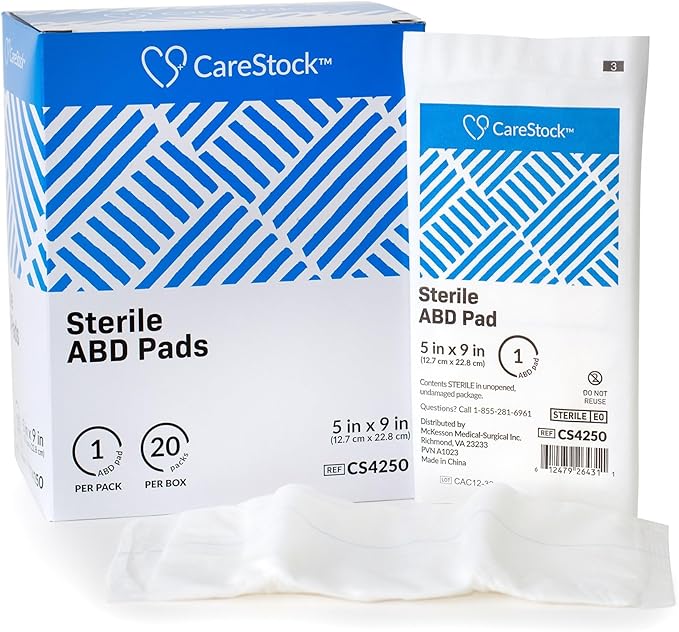 CareStock Abdominal Pads 5x9 in [400-Pack] Sterile ABD Pads, Extra Absorbent, Individually Wrapped, Wound Care First Aid, 20 Count, Pack of 20