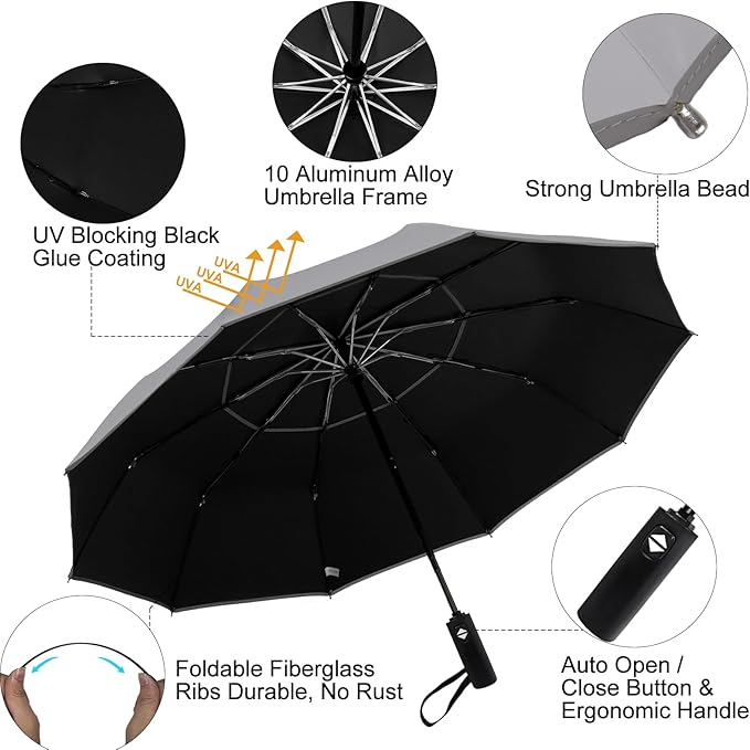 Satol Extra Large Golf Umbrella, 46/54/62 Inch Windproof 10 Ribs Vented Double Canopy Reflective Strips Automatic Open/Close Waterproof UV Protection Portable Compact Umbrella for Outdoor & Travel