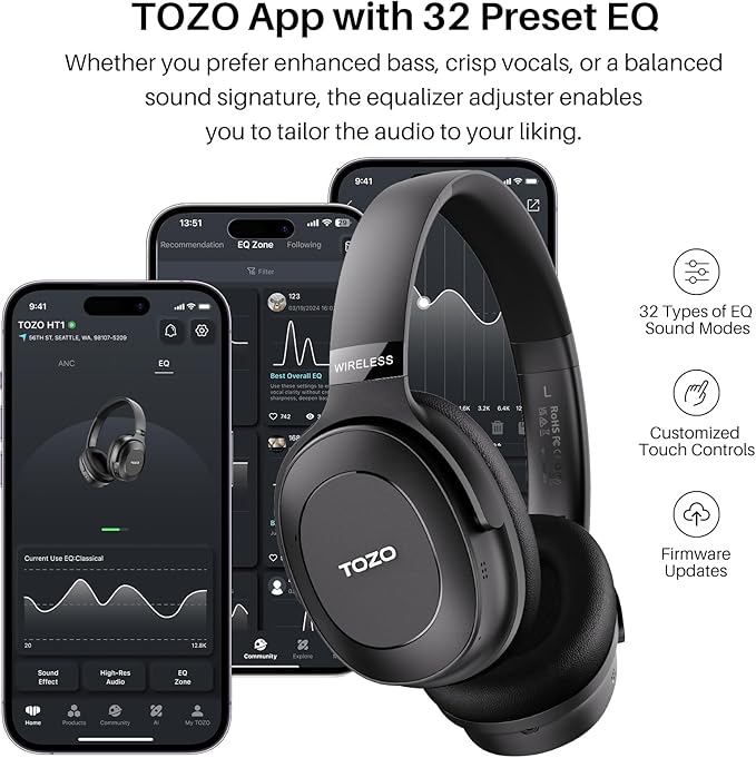 TOZO Hybrid Active Noise Cancelling Headphones, Wireless Over Ear Bluetooth Headset, 40H Playtime, Hi-Res Audio Custom EQ via App Deep Bass Comfort Fit Ear Cups, for Home Office Travel Black