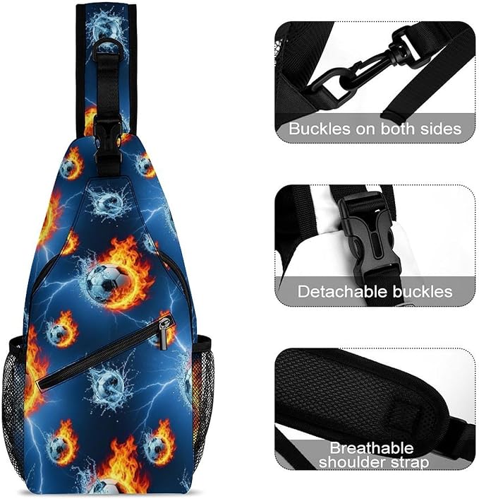 SWEET TANG Men's Crossbody Bag Anti Theft Shoulder Backpack, Funny and Chest Bags Soccer Sports Ball Blue Flame Football for Fishing Cycling Hiking, Lightweight and Large Capacity