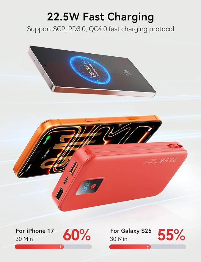 Portable Charger, 12000mAh 22.5W Fast Charging Power Bank with Built-in Cables & Wall Plug, Travel Essential Battery Pack with LED Display, USB C Battery Phone Charger for iPhone, iPad, Samsung Red