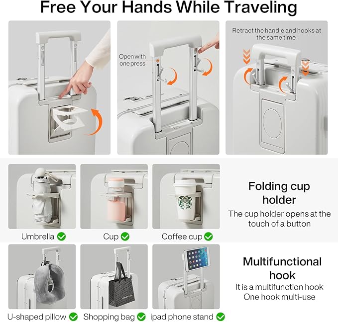 mixi Large Checked Luggage with Cup Phone Holder and Charger Hard Shell Suitcases with Spinner Wheels, 26 Inch Smoke White