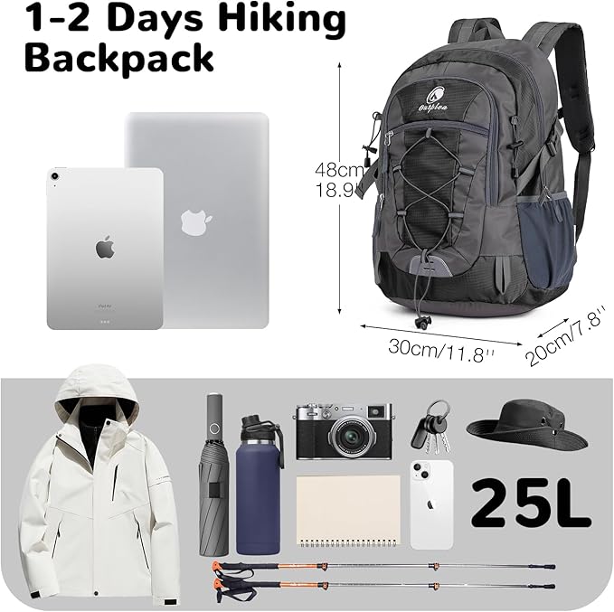 25L Small Hiking Backpack Daypack for Men, Waterproof Outdoor Backpack with Chest Strap for Camping, Black