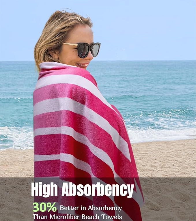 cabanana Large Beach Towel Oversized - Cotton Velour 35 x 70 Inch Pink Striped Terry Pool Towel, Cabana Soft Swimming Towel for Adults Women Men (Pink)