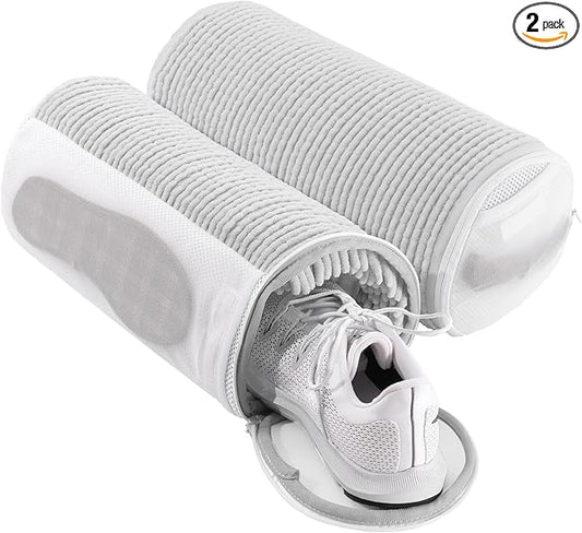 Shoe Washing Machine Bag with 2 Mesh Pockets, One-Step Shoe Laundry Bag for Wash Laces, Insoles & Socks, Reusable Sneaker Cleaning Bag Invisible Zipper for Washer Dryer Safe (2Pcs Grey)