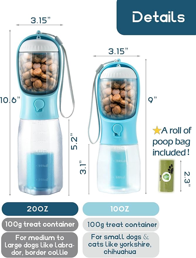 Portable Water Bottle for Small Dogs, 3 in 1 Pet Travel Bowl Dispenser with Food Treat Container & Poop Bag Holder, Summer Walking Hiking Accessories for Puppy On The Go - Pink, 10oz