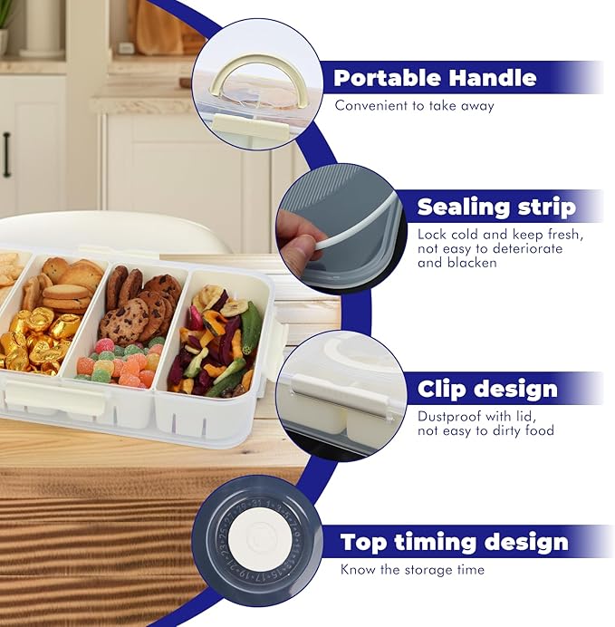 2PCS Divided Snackle Box Dishwasher Safe, Air-tight Snack Box Container, Portable Snack Platters, Divided Serving Tray with Lid and Handle for Candy Fruits Nuts, Veggie Tray 4+8 Compartments