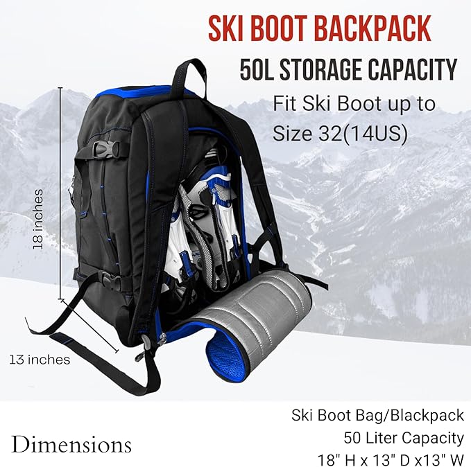 Savvycraft Ski Boot Bag, 50L Ski Backpack for Ski and Snowboard Boots, Helmets, Gloves, and Accessories, Lightweight Durable Convenient, Blue