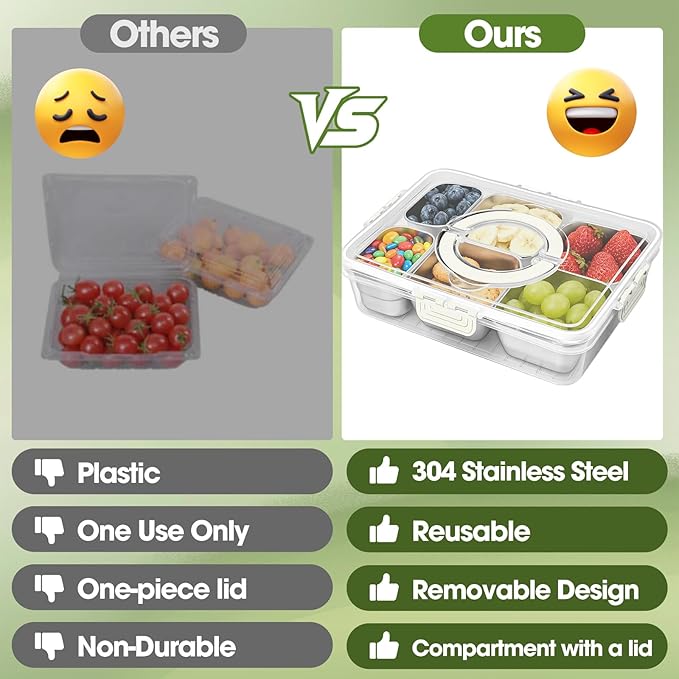 Snackle Box Container, Divided Serving Tray with Lid and Handle, Portable Snack Box with 304 Stainless Steel Container, 6 Compartments Snak Platter for Veggie, Fruit, Perfect for Party Picnic Office