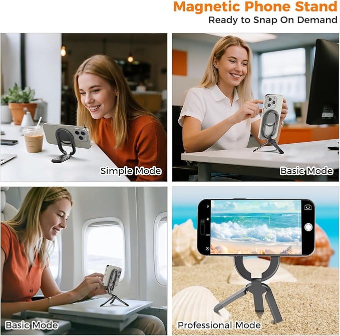 [2025 New] FUVALY Magnetic Phone Grip for MagSafe Phone Tripods 4-in-1 Desk Stand, Phone Ring Holder for iPhone 17/16/15/14 Pro&Android (Grey)