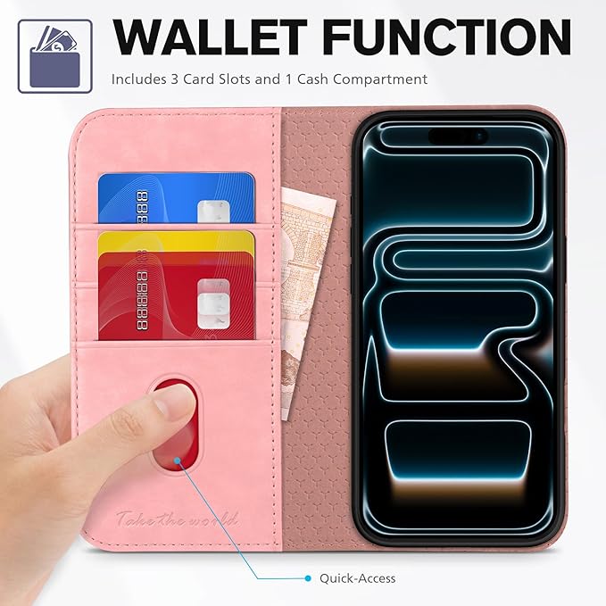 TUCCH Case Wallet for iPhone 17 Pro (6.3") 2025, RFID Blocking 3 Card Holders | Kickstand | PU Leather | Protective Flip Folio Cover | TPU Shockproof Interior Shell | Pink