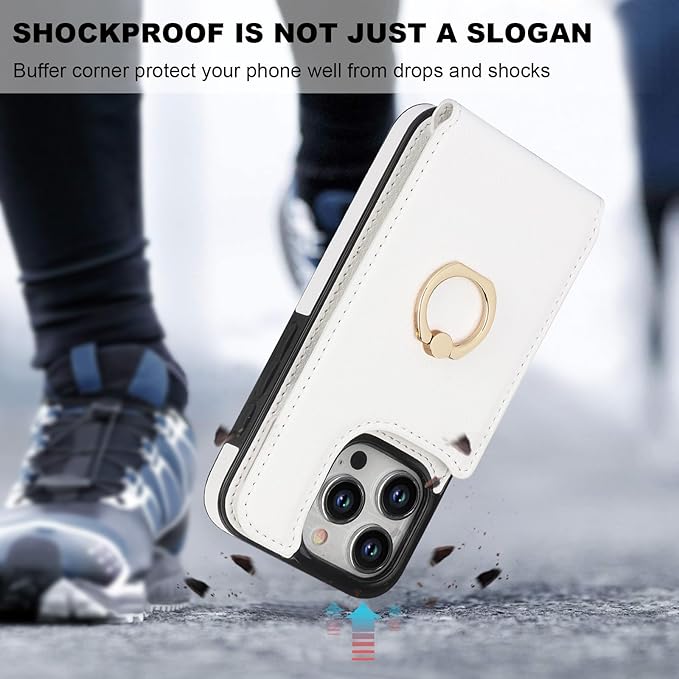 Folosu Compatible with iPhone 15 Pro Case Wallet with Card Holder, 360°Rotation Finger Ring Holder Kickstand, RFID Blocking Leather Protective Double Buttons Shockproof Cover 6.1 Inch White