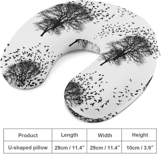 Compact Polyester Neck Support Pillow, Black Crow Raven Bird On Tree Branch Camo U-Shaped, U-Shape Rest Cushion for Car Office Travel, Machine Washable Comfort