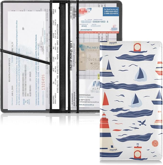 Bolaz Sailboats Car Registration and Insurance Holder Leather Vehicle Document Glove Box Organizer for License Cards Accessories