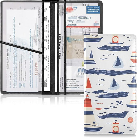 Bolaz Sailboats Car Registration and Insurance Holder Leather Vehicle Document Glove Box Organizer for License Cards Accessories