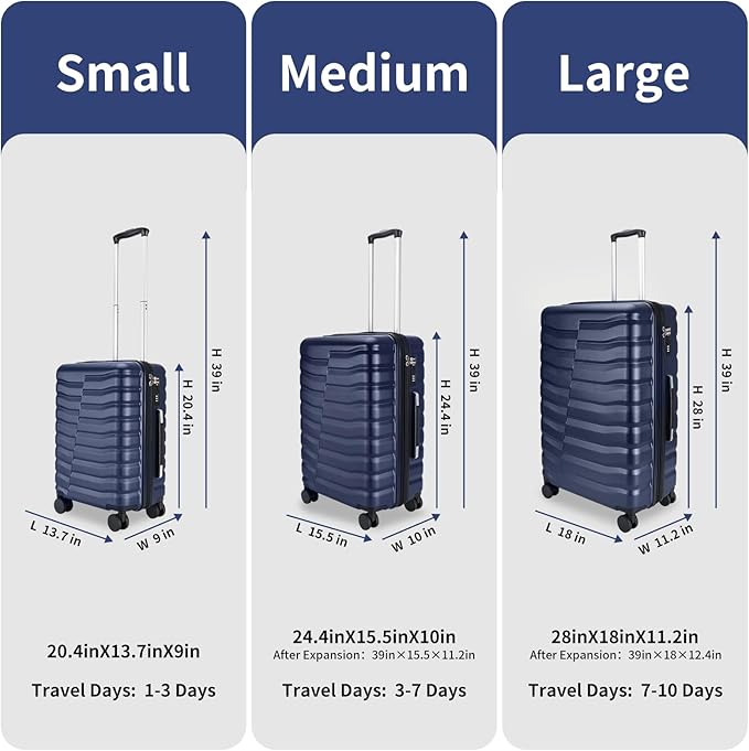 Lightweight Luggage with Spinner Wheels & YKK Zipper, 3-Piece Suitcase ABS+PC Hardside Hard Shell Luggage Sets with TSA Lock for Men, Dark Navy Blue (20+24+28 inch)