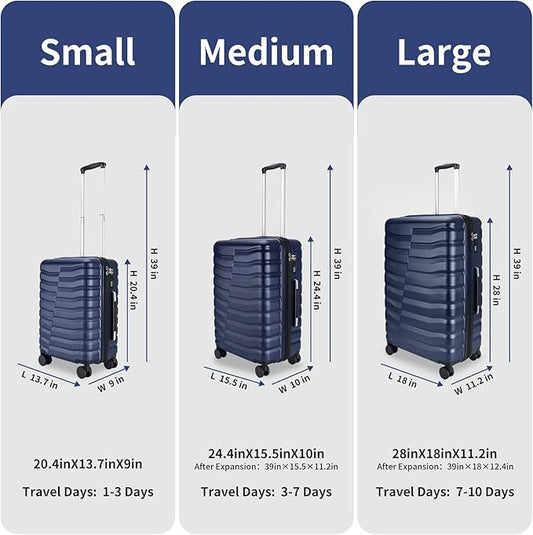 Lightweight Luggage with Spinner Wheels & YKK Zipper, 3-Piece Suitcase ABS+PC Hardside Hard Shell Luggage Sets with TSA Lock for Men, Dark Navy Blue (20+24+28 inch)