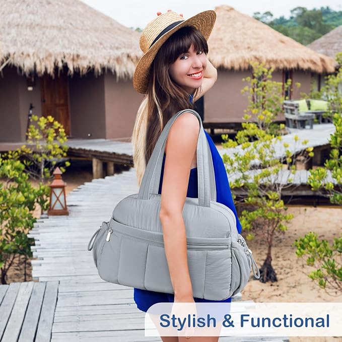 TOPDesign Travel Duffel Bag for Women, Puffer Gym Bag Sports Tote with Wet Pocket, Carry On Weekender with Luggage Sleeve (Light Grey)