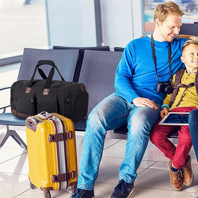 Leather Travel Bag with Shoe Pouch,Weekender Overnight Bag Waterproof Leather Large Carry On Bag Travel Tote Duffel Bag for Men or Women-Dark Grey